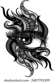 monochromatic illustration of woman eye with mandala ornaments