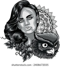 monochromatic illustration of Woman with owl head