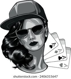 monochromatic illustration of woman with poker symbols