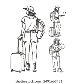 A monochromatic illustration of a young woman traveler in various poses, carrying a suitcase and backpack, and using a laptop. The detailed line art captures the essence of modern travel and adventure