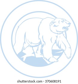 Monochromatic illustration-icon with image of a white polar bear, framed in a circle.