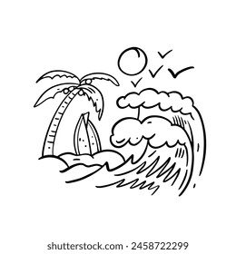 A monochromatic image featuring a palm tree, ocean waves, and a surfboard, all depicted with intricate details in black and white