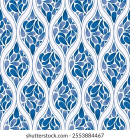 Monochromatic Indigo Blue Abstract Tulips in a Narrow Ogee Shape design creating a seamless pattern print background