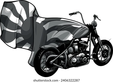 monochromatic Japanese bikers on motorcycles with flag of rising sun