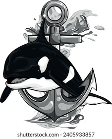 mascota de ballena asesina monocromática e icono de ancla.