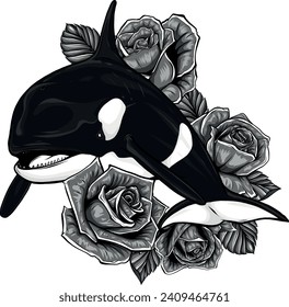 monochromatic Killer whale with roses vector illustration