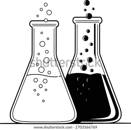Monochromatic laboratory scene featuring two conical flasks with liquids. One flask contains a clear solution, while the other holds a dark, dense liquid; both are bubbling.