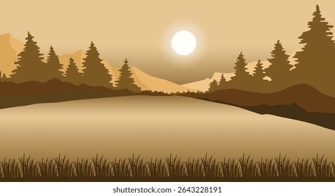 A monochromatic landscape illustration in shades of brown, featuring mountains and pine trees reflected in a calm lake under a bright, glowing sun with subtle rings.