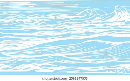 A monochromatic light blue illustration depicts stylized waves of the ocean, creating a dynamic sense of movement and the vastness of the sea with a minimalist design approach