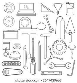Monochromatic Line Art Collection: Automotive, Mechanical, and DIY Tools
