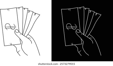 Monochromatic line art depicting a hand holding currency, showcased in white on black and black on white contrasting styles. The image conveys concepts of financial transactions, earnings, and cash pa