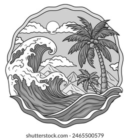 Einfarbige Linienzeichnung mit einem malerischen tropischen Strand mit einer großen Welle, Palme und einer ruhigen Meereslandschaft unter einer strahlenden Sonne, die das Wesen der Küstennatur verkörpert.