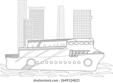 Monochromatic line drawing of a majestic cruise ship against the iconic Mumbai city landscape, perfect for a maiden voyage illustration.