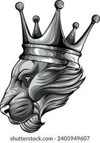monochromatic lion with crown on white background