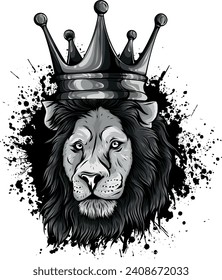 monochromatic lion with crown on white background