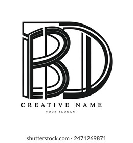 A monochromatic logo design featuring intertwined initials B and D with the word ‘CREATIVE’ and a placeholder for a tagline.