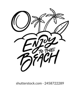 A monochromatic logo featuring palm trees, surfboards, and the text enjoy to the beach. The design combines plant imagery with gesture and line art to create a stylish and minimalist illustration