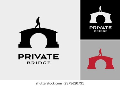 A monochromatic logo featuring a silhouette of a man walking over a bridge. Ideal for businesses related to travel, adventure, or personal development.