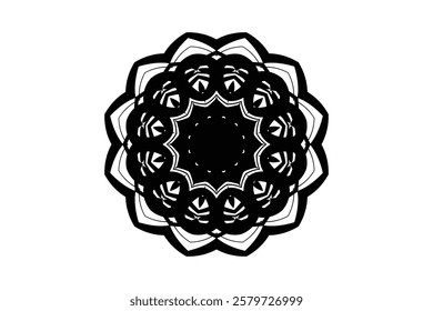 Monochromatic Mandala Design with Central Circle and Detailed Floral Motifs	
