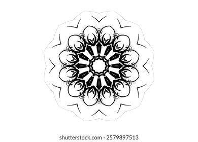 Monochromatic Mandala Design with Star Core and Radiating Concentric Shapes	
