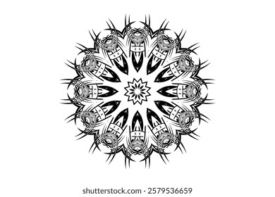 Monochromatic Mandala Illustration with Symmetrical Patterns and Light Background	
