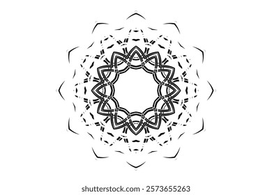 Monochromatic mandala with sun or moon motif at center and radiating geometric designs on a plain background	
