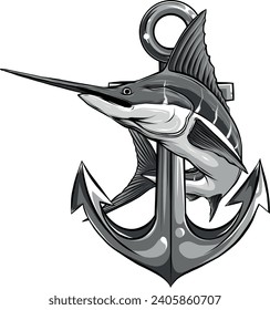 monochromatic Marlin fish with anchor on white background