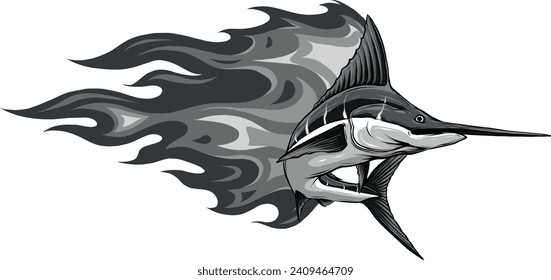 monochromatic marlin with flames on white background