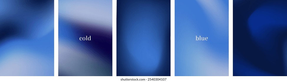 Monochromatic Midnight Blue abstract vertical posters. Mix of blue color splashes in abstraction gradient backdrops. Beautiful tender cold strokes of blue. Vector Illustration. 