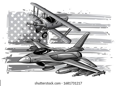 monochromatic Military plane fired a missile. Fighter jet vector illustration.