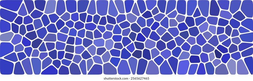 Monochromatic mosaic pattern in various shades of blue with irregular geometric shapes, forming a harmonious and artistic design inspired by stained-glass art.