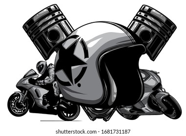 monochromatic Motorbike rider, abstract vector silhouette. Road motorcycle racing