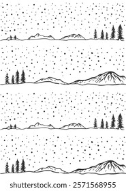 Monochromatic Mountain and Pine Tree Pattern with Starry Sky.