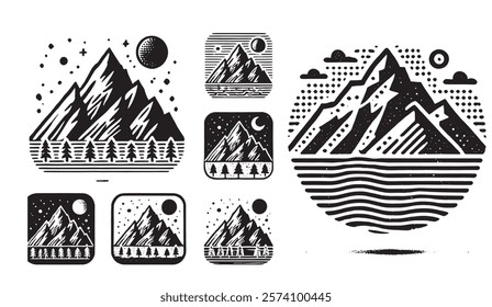 Monochromatic Mountainscape Medley, A Collection of Stylized Peaks, Trees, and Celestial Elements in Varied Compositions and Outlines