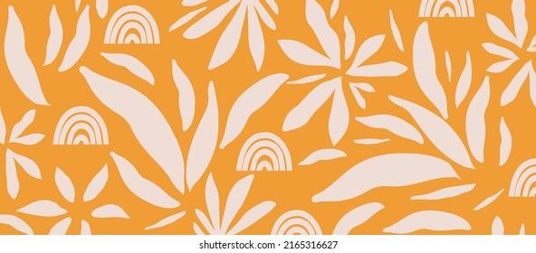 Monochromatic nature inspired shapes. Cute botanical shapes pattern, random cutouts of tropical leaves, flowers, branches and rainbows, decorative abstract art vector illustration	