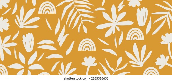 Monochromatic nature inspired shapes  Cute botanical shapes pattern  random cutouts tropical leaves  flowers  branches   rainbows  decorative abstract art vector illustration	