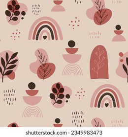Monochromatic nature inspired shapes. Cute botanical shapes pattern, random cutouts of tropical leaves, flowers, branches and rainbows, decorative abstract art vector illustration.