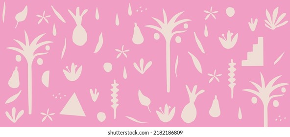 Monochromatic nature inspired shapes doodle collection. Cute botanical shapes, random childish doodle cutouts of tropical leaves, flowers and fruit, decorative abstract art vector illustration