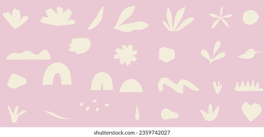 Monochromatic nature inspired shapes-doodle collection. Cute botanical shapes, random childish doodle cutouts of tropical leaves, flowers and branches, decorative abstract art vector illustration