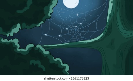 Monochromatic night forest scene with a glowing moon and detailed cobwebs, evoking mystery and tranquility. Ideal for minimalist and elegant designs.