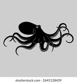 Monochromatic Octopus Illustration with Detailed Tentacles and Suction Cups Nautical Creature Design Underwater Invertebrate Marine Life