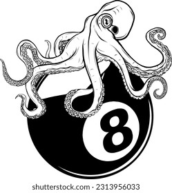 monochromatischer Tintenfisch auf acht Ball Billarden Billardtisch Spiel Schwarz