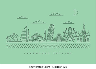 Monochromatic outline landmarks skyline - vector