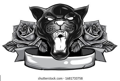 monochromatic Panther snake roses tattoo graphic vector illustration