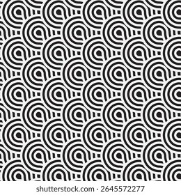 Um padrão monocromático com círculos concêntricos e linhas tracejadas, criando um design rítmico.