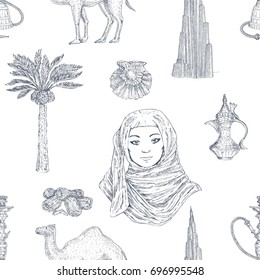 Monochromatic pattern with isolated hand drawn style decorative icons with dubai traditional ethnic symbols and characters vector illustration