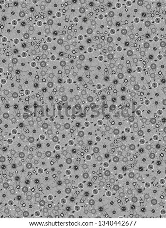 Monochromatic pattern made of circles and floral elements.