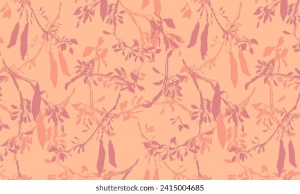 Monochromatic pattern of pink hand drawn wild acacia branch silhouettes on peach-colored background. Sketchy botanical print-like illustration of tropical tree in vector.