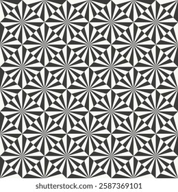 Monochromatic pattern with starburst and diamond shapes, creating a radiating, kaleidoscopic effect. Bold black and white design, evoking a sense of depth and movement. Sharp vector lines.