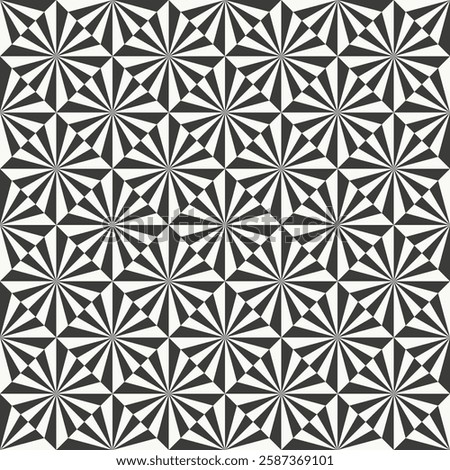 Monochromatic pattern with starburst and diamond shapes, creating a radiating, kaleidoscopic effect. Bold black and white design, evoking a sense of depth and movement. Sharp vector lines.